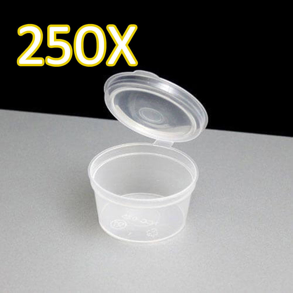 250X 2oz Clear Plastic Containers Tubs with Attached Lids Food Safe Takeaway 