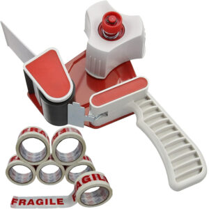 1X PACKING TAPE GUN DISPENSER 50mm & 6X FRAGILE TAPE ROLLS